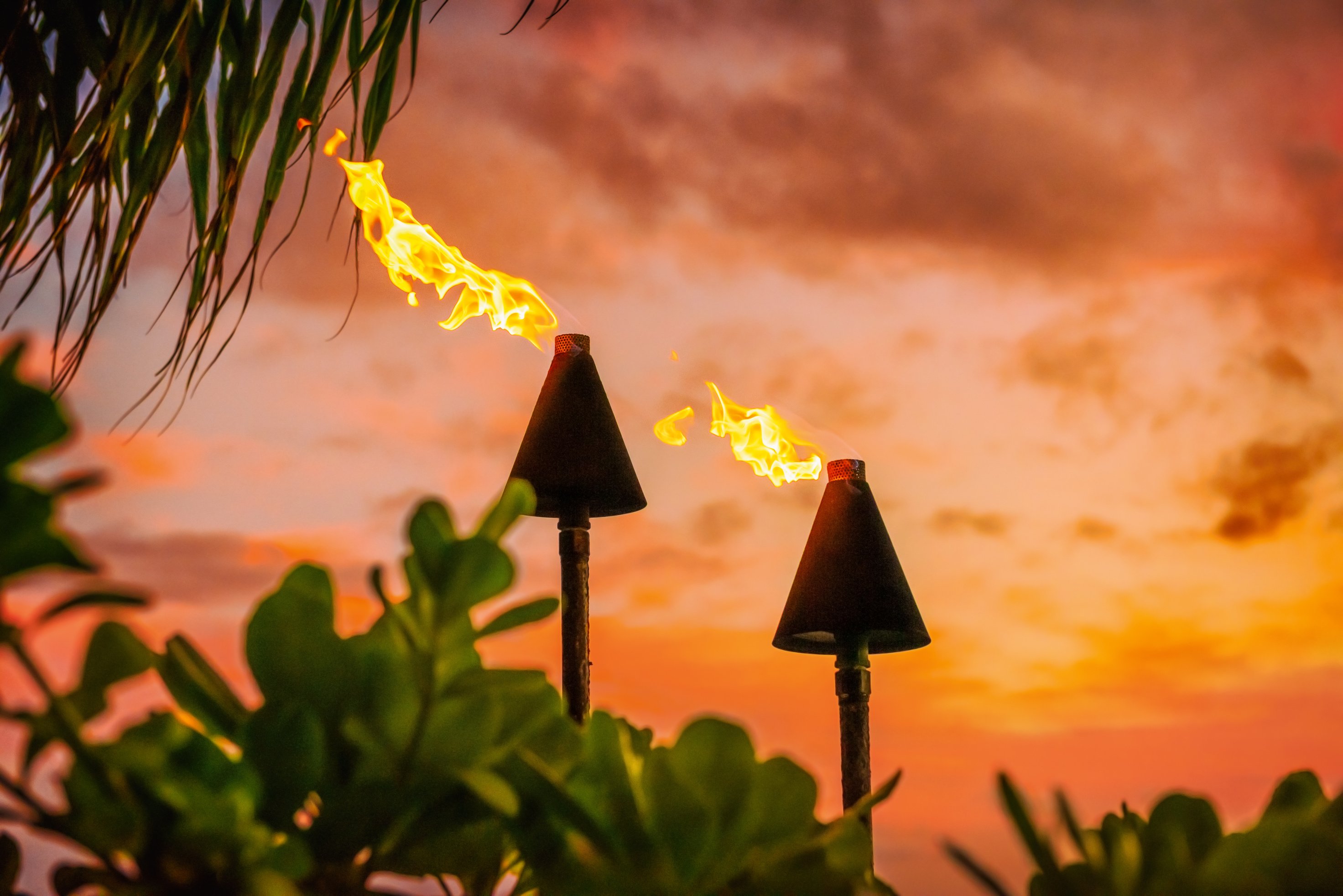 Hawaii Luau Party Maui Fire Tiki Torches with Open Flames Burning at Sunset Sky Clouds at Night. Hawaiian Cultural Travel Vacation Background.